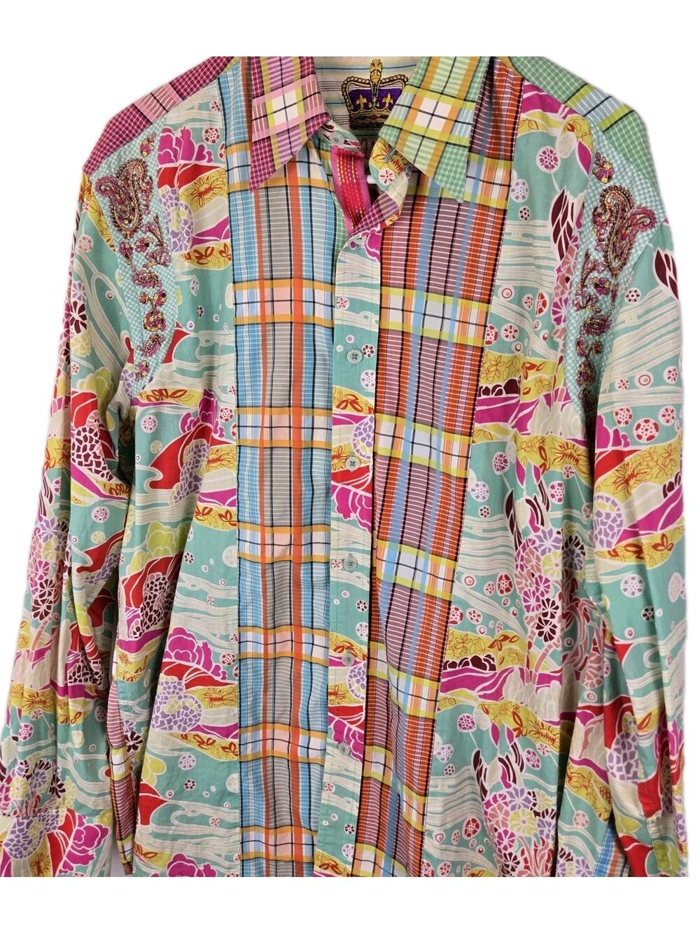 Robert Graham Paisley Striped Embroidered Mens Shirt Sz L Pink Teal DOPAMINE